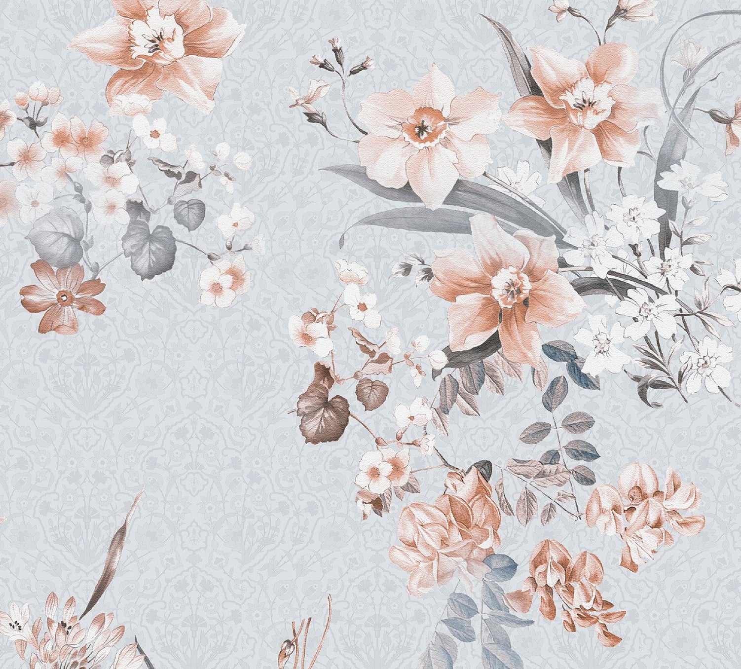 Close-up of the Boudoir Blooms Wallpaper, showcasing a detailed and romantic floral design. The wallpaper features clusters of soft peach flowers and gray foliage on a pale gray background, offering a subtle and elegant aesthetic suitable for sophisticated interiors.
