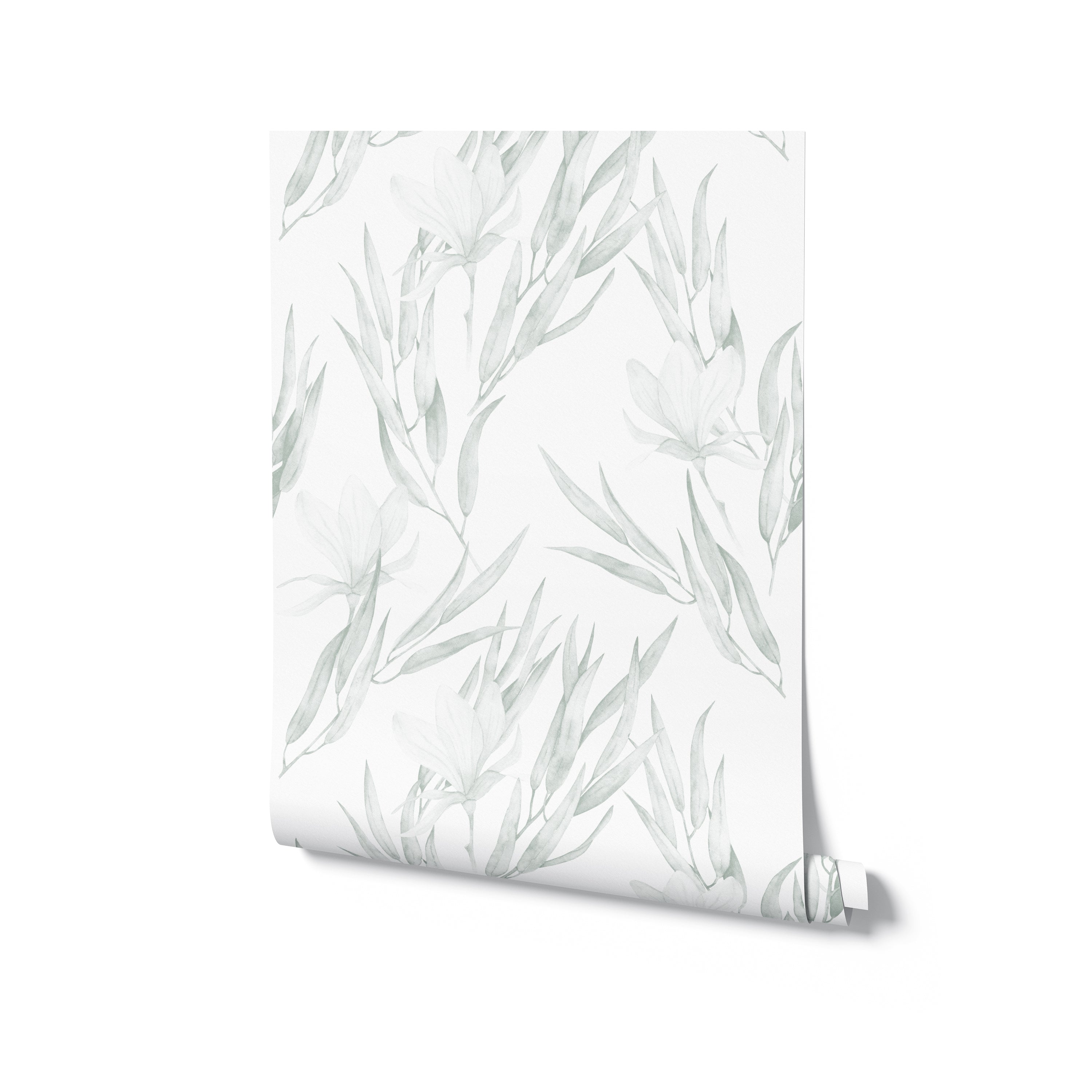 A roll of the White Watercolour Floral Wallpaper V - Light Sage, displaying a delicate pattern of white blooms and light sage leaves on a white background, unrolled slightly to reveal the artistic detail.