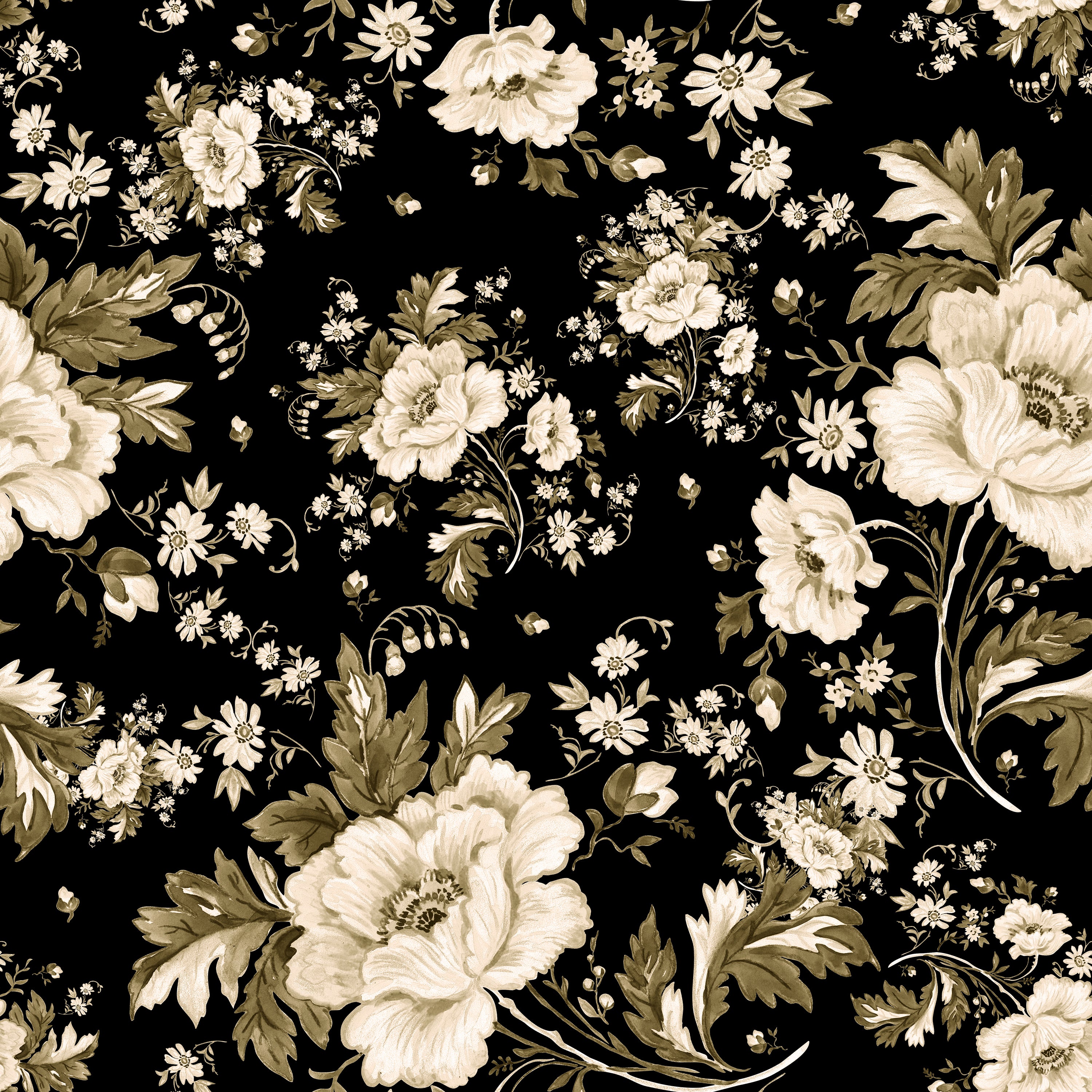 A close-up view of the Midnight Garden Wallpaper showing its intricate design of white and pale flowers on a deep black background. This detailed floral pattern evokes a feeling of a lush, nocturnal garden, adding a touch of elegance and mystery.