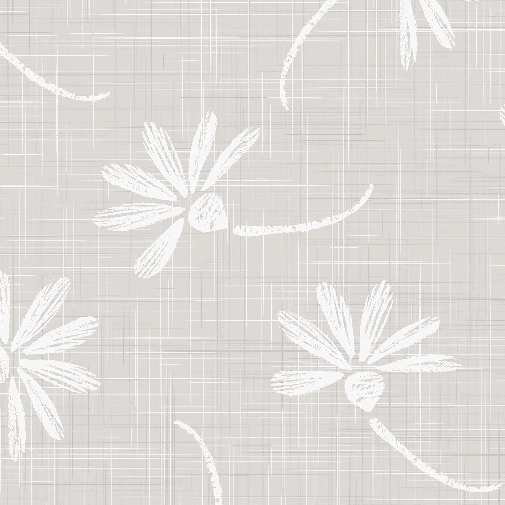 A close-up of the "French Linen Floral Wallpaper," showcasing the elegant detail of the white floral sketches against the grey linen-textured backdrop. The design exudes a chic, effortless style reminiscent of French countryside aesthetics.