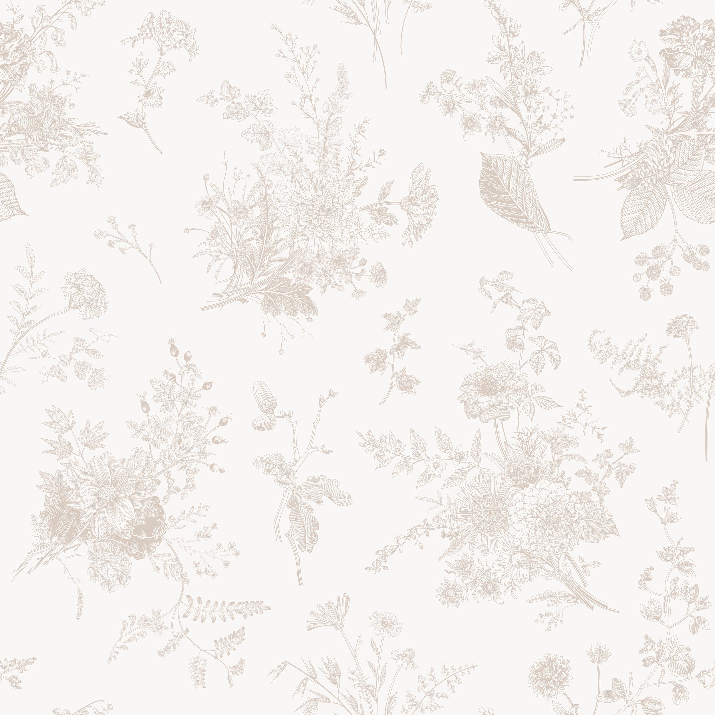 A close-up of the Jouyful Garden Wallpaper, highlighting its intricate and graceful botanical print. The wallpaper displays a dense pattern of various garden plants, leaves, and flowers, all rendered in a delicate line drawing style that creates a tranquil and sophisticated ambience. This detailed view emphasizes the wallpaper's potential to add a touch of refined elegance to any interior space.