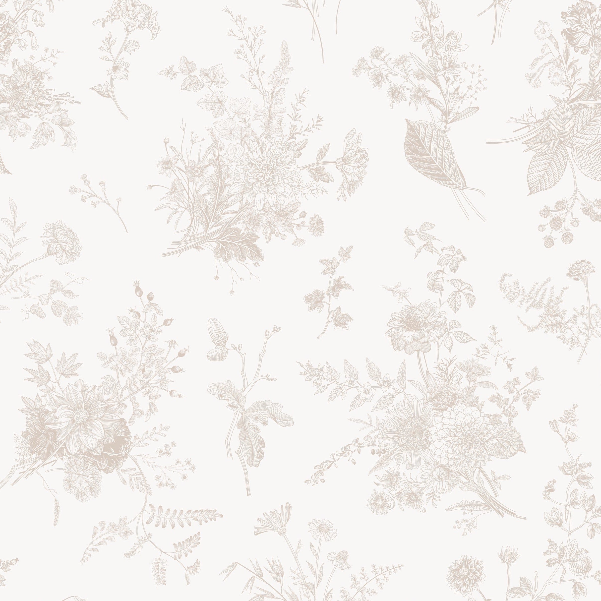 A close-up of the Jouyful Garden Wallpaper, highlighting its intricate and graceful botanical print. The wallpaper displays a dense pattern of various garden plants, leaves, and flowers, all rendered in a delicate line drawing style that creates a tranquil and sophisticated ambience. This detailed view emphasizes the wallpaper's potential to add a touch of refined elegance to any interior space.