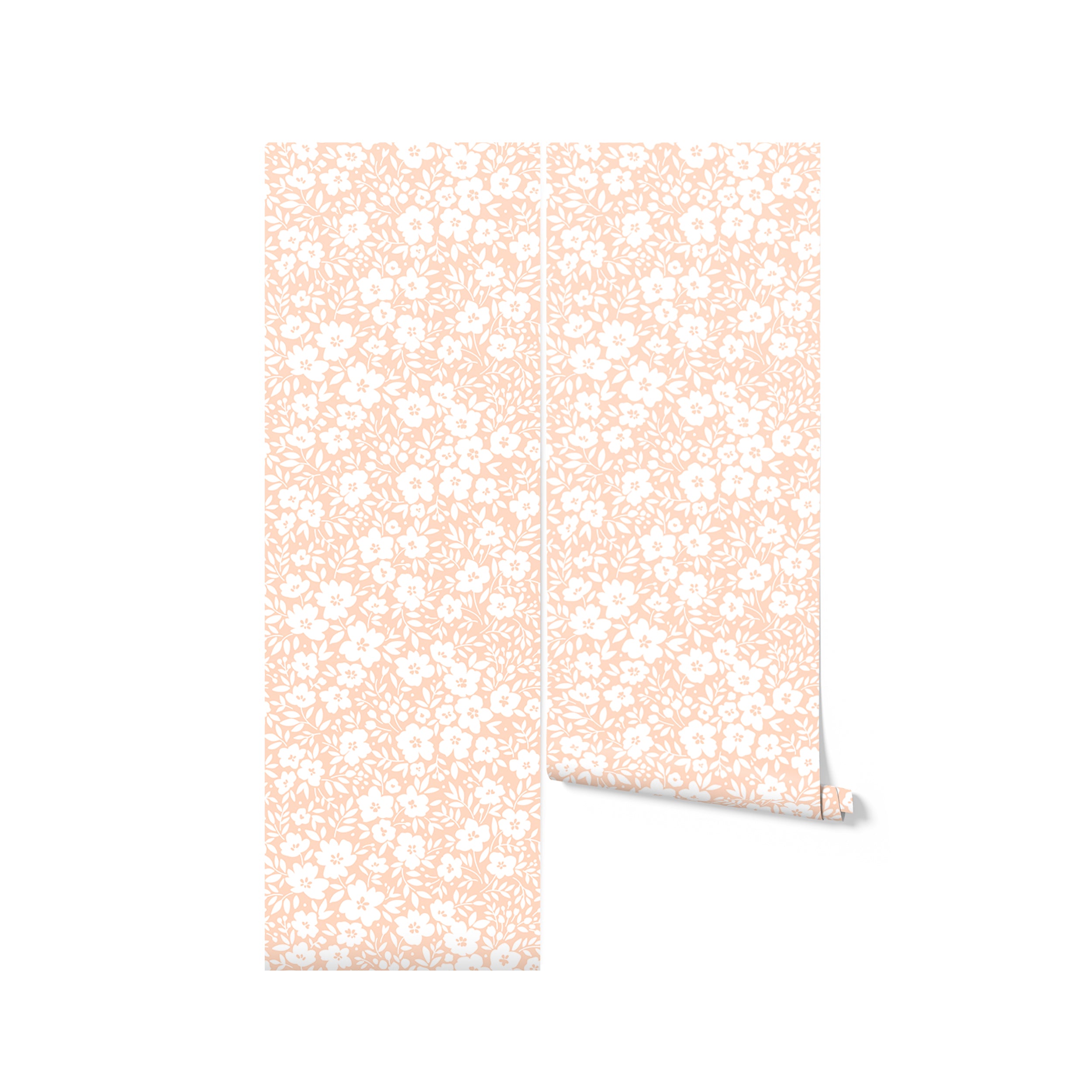 Multiple rolls of the Flower Power Wallpaper in Light Peach, partially unrolled to showcase the continuous floral pattern. The wallpaper's light peach and white design offers a versatile option for adding a gentle, decorative touch to any room.