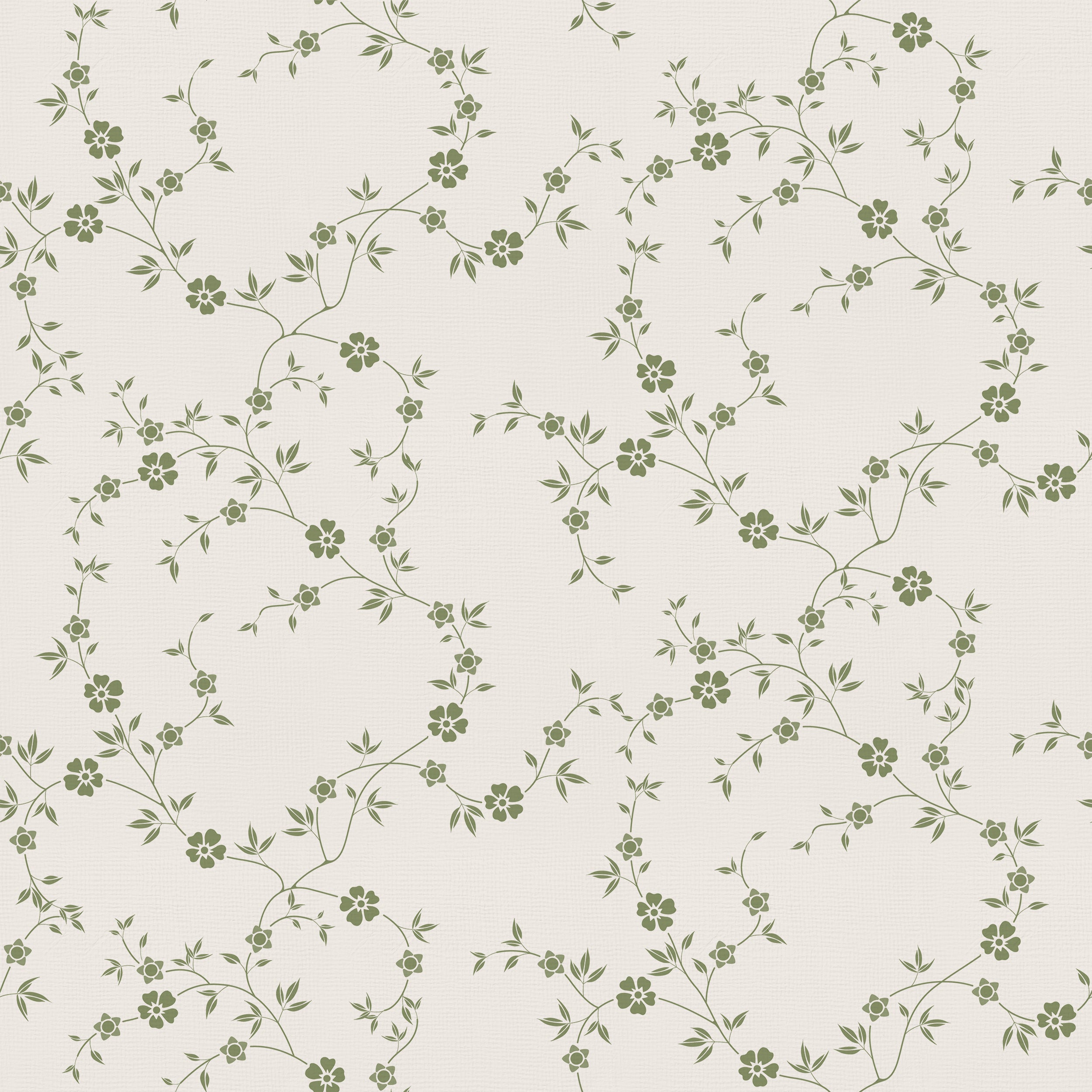 A close-up of the Charming Floral Wallpaper-Moss, displaying a detailed and seamless pattern of small green flowers and leaves, set against a soothing beige background that evokes a feeling of nature's calm.