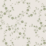 A close-up of the Charming Floral Wallpaper-Moss, displaying a detailed and seamless pattern of small green flowers and leaves, set against a soothing beige background that evokes a feeling of nature's calm.A close-up of the Charming Floral Wallpaper-Moss, displaying a detailed and seamless pattern of small green flowers and leaves, set against a soothing beige background that evokes a feeling of nature's calm.