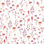 Close-up view of the Blushing Floral Wallpaper showcasing detailed floral patterns with a variety of flowers and leaves in shades of pink, red, and purple on a soft cream backdrop, providing a charming and romantic aesthetic.