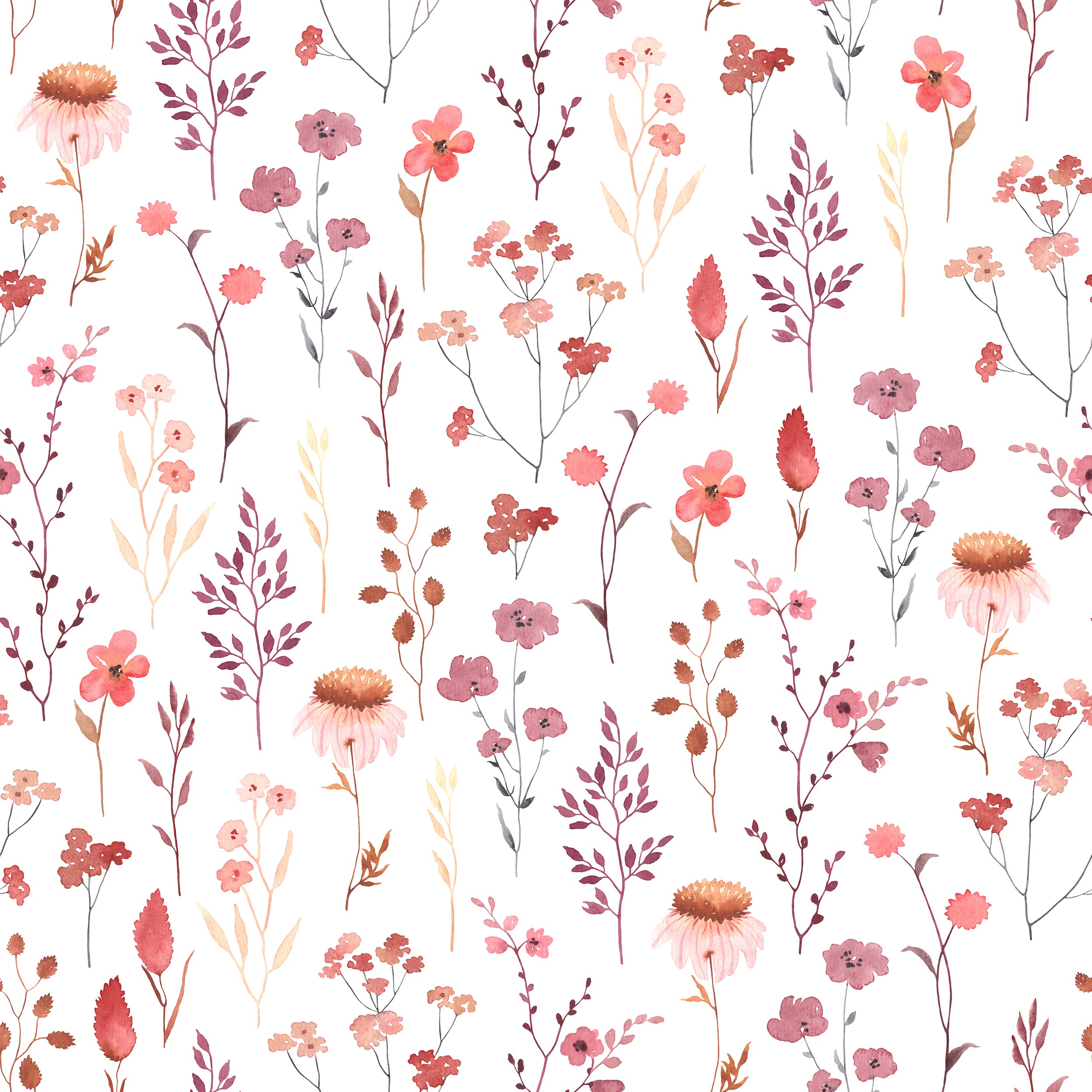 Close-up view of the Blushing Floral Wallpaper showcasing detailed floral patterns with a variety of flowers and leaves in shades of pink, red, and purple on a soft cream backdrop, providing a charming and romantic aesthetic.