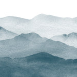 Close-up view of the Watercolour Mountains Wallpaper Mural showing layered mountain ranges painted in various shades of blue. The watercolor technique gives the mural a dreamy and ethereal quality, perfect for creating a calming atmosphere
