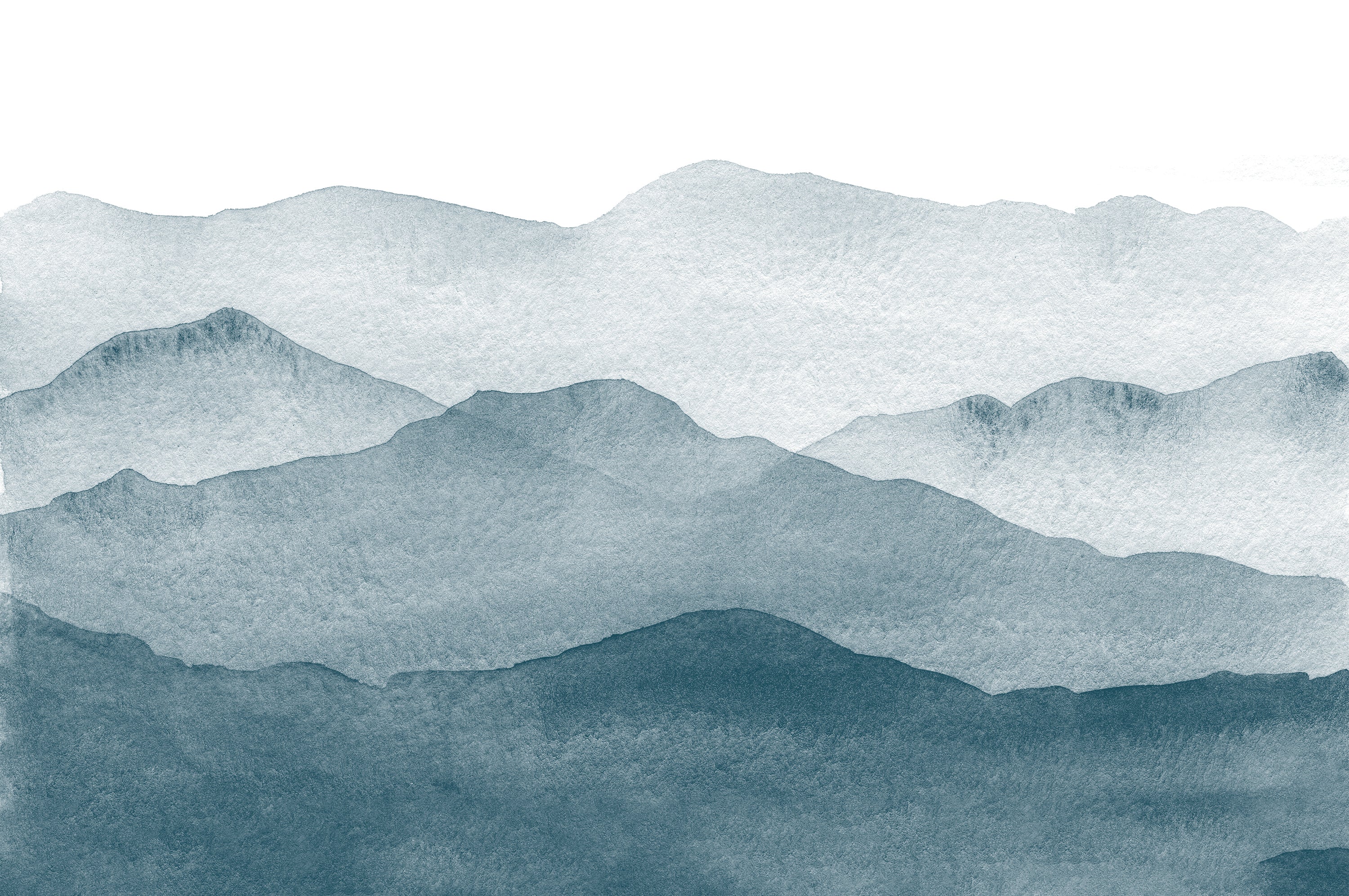 Close-up view of the Watercolour Mountains Wallpaper Mural showing layered mountain ranges painted in various shades of blue. The watercolor technique gives the mural a dreamy and ethereal quality, perfect for creating a calming atmosphere