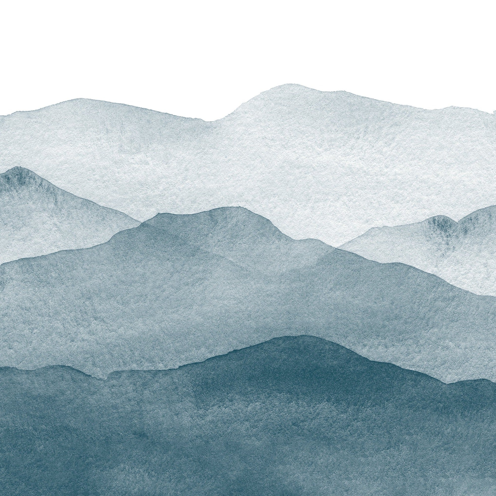 Close-up view of the Watercolour Mountains Wallpaper Mural showing layered mountain ranges painted in various shades of blue. The watercolor technique gives the mural a dreamy and ethereal quality, perfect for creating a calming atmosphere