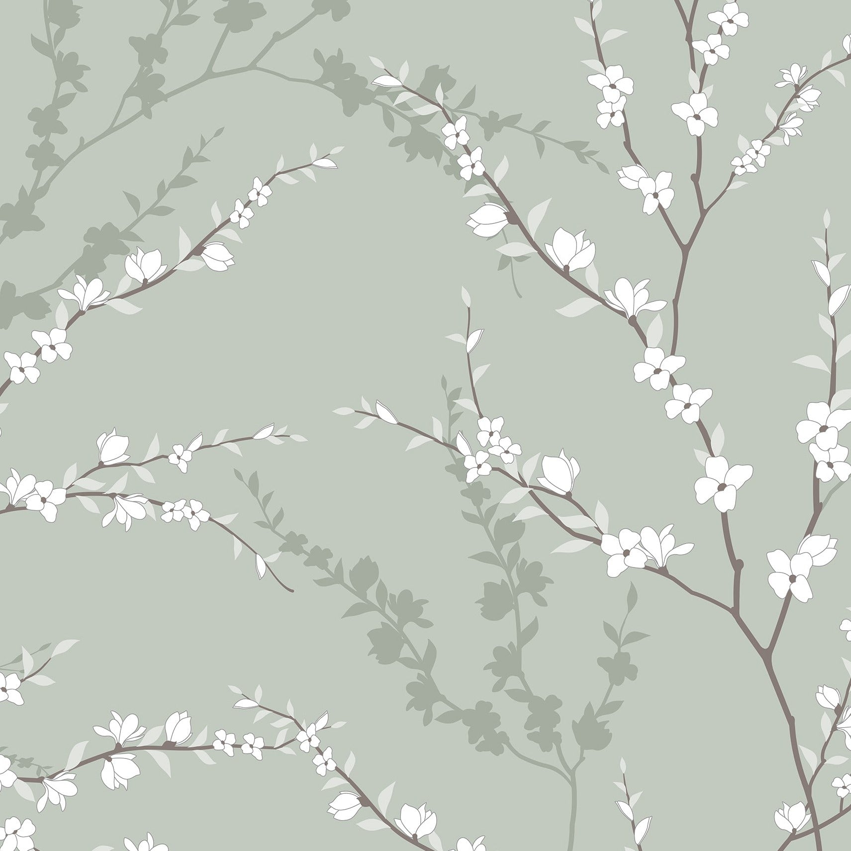 An elegant wallpaper pattern named "Enchanted Blossoms" featuring slender brown branches with scattered white blossoms set against a soothing sage green background. Shadows of leaves in darker green hues add depth and create a serene, layered effect, reminiscent of a peaceful woodland scene.