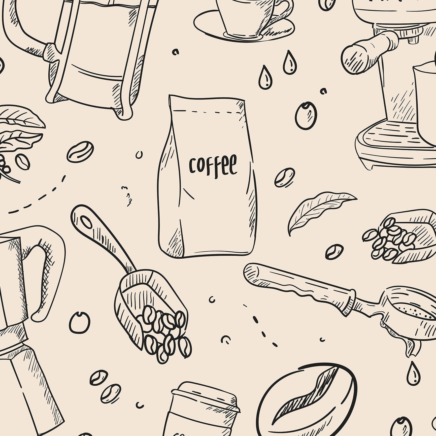 Close-up view of a wallpaper showcasing hand-drawn illustrations of coffee-related items, including coffee makers, beans, and mugs scattered in a seamless pattern on a cream background.