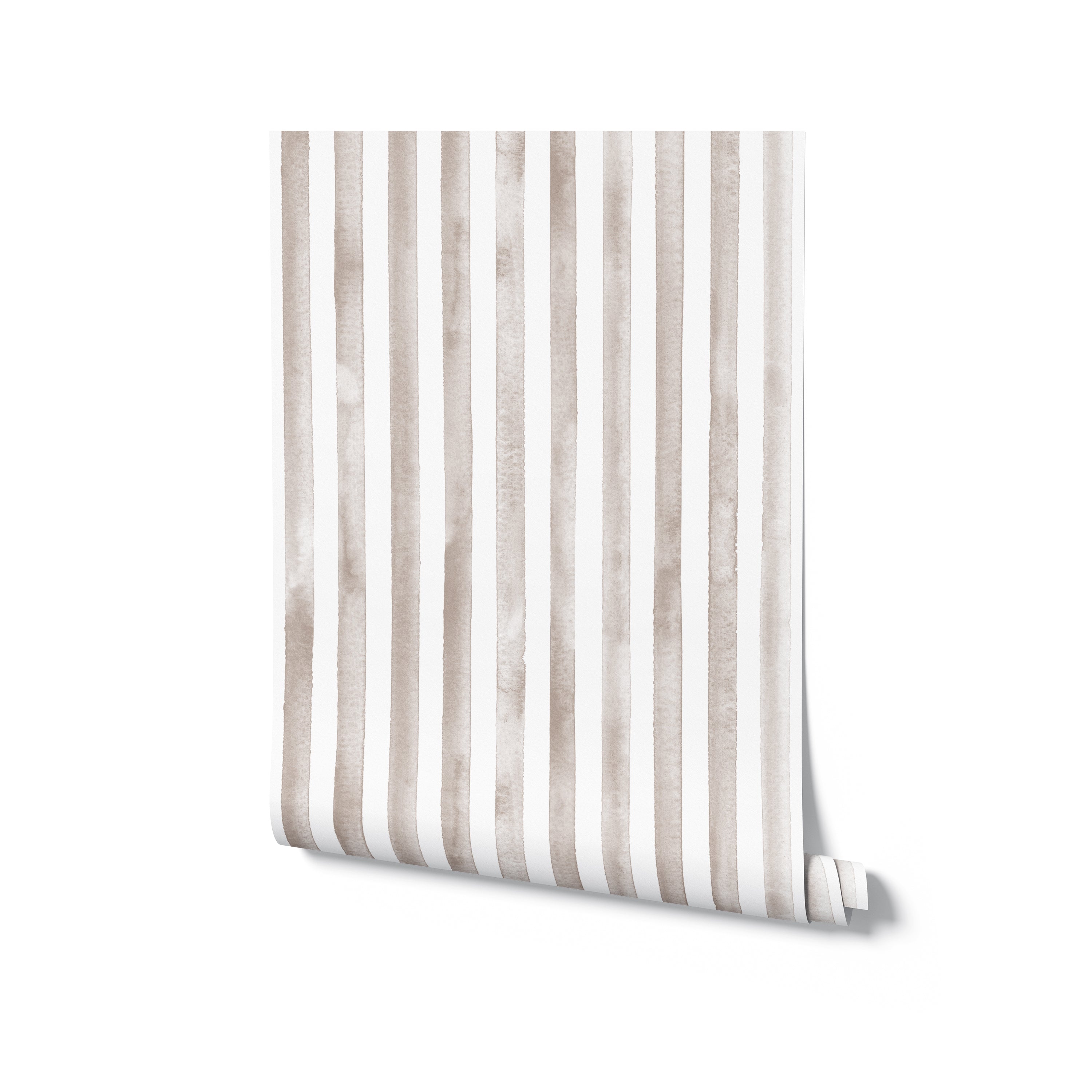 Roll of beige watercolour stripes wallpaper showcasing a seamless pattern of vertical, gradient-like stripes. The subtle color transition offers a versatile option for various room styles, from living spaces to personal studies.