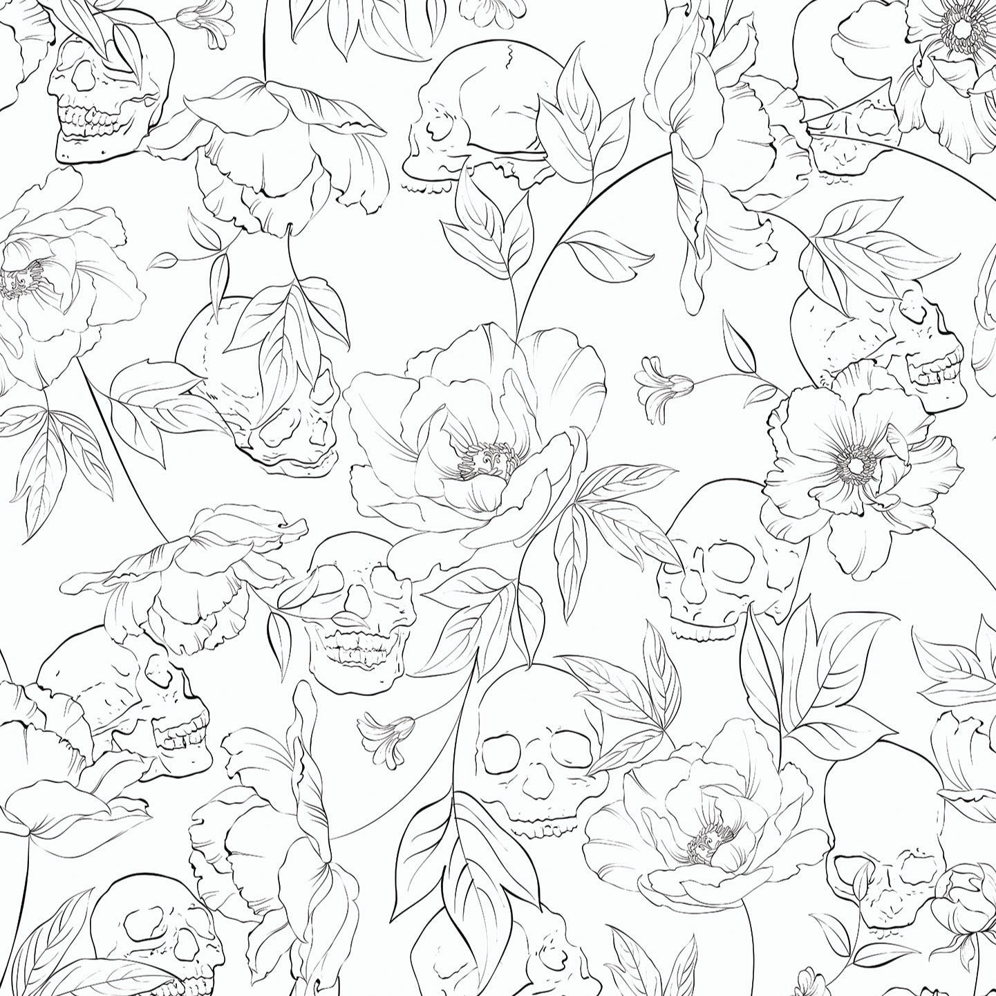 Close-up of the Dainty Skull Floral Wallpaper showing detailed line drawings of flowers and skulls, providing a unique and artistic decoration for a bold interior design statement