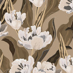 A close-up view of the Blooming Tulips Wallpaper, featuring large, stylized tulips in shades of white and gray, set against a rich taupe background. The tulips are surrounded by flowing dark brown leaves and stems, creating a dynamic and naturalistic floral pattern