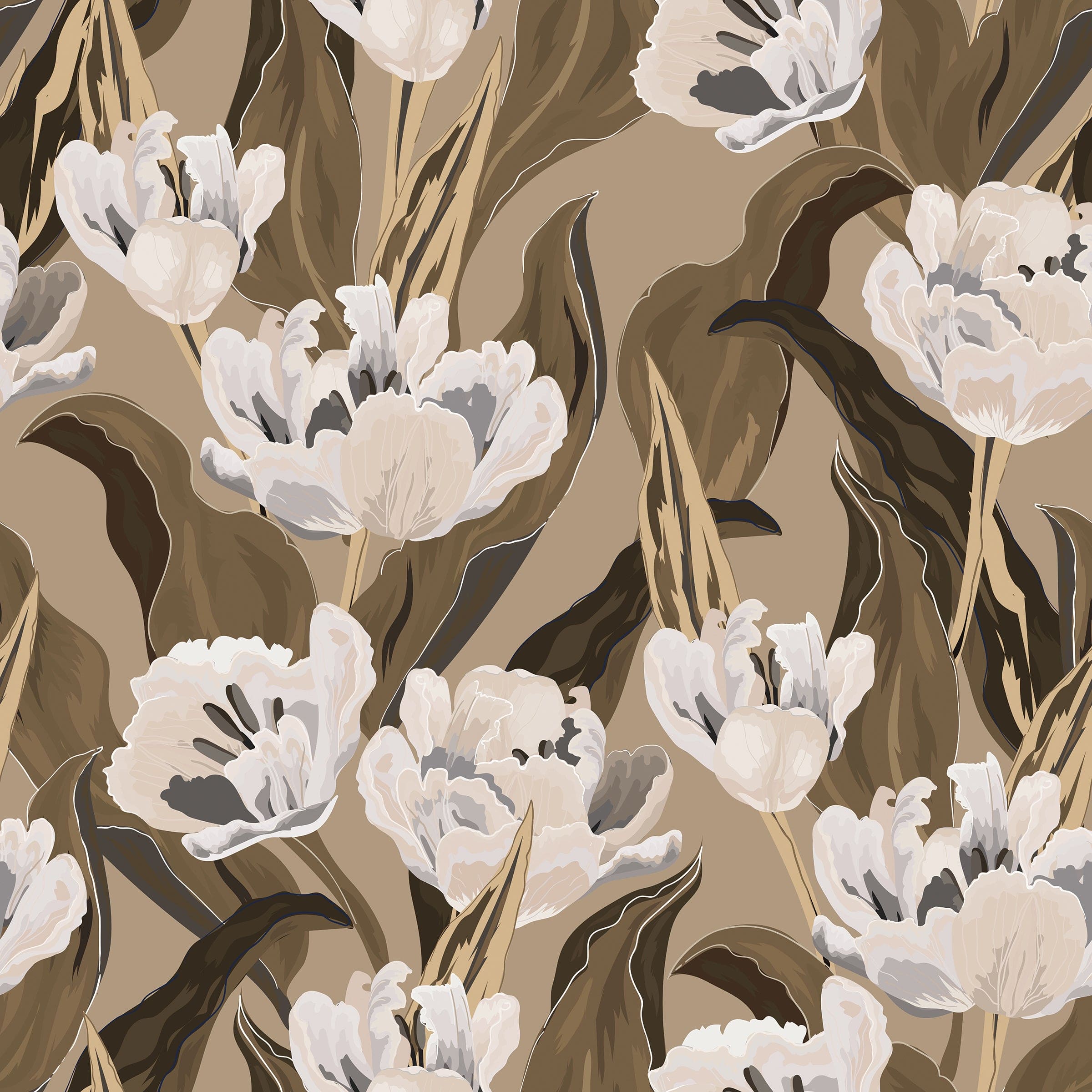 A close-up view of the Blooming Tulips Wallpaper, featuring large, stylized tulips in shades of white and gray, set against a rich taupe background. The tulips are surrounded by flowing dark brown leaves and stems, creating a dynamic and naturalistic floral pattern