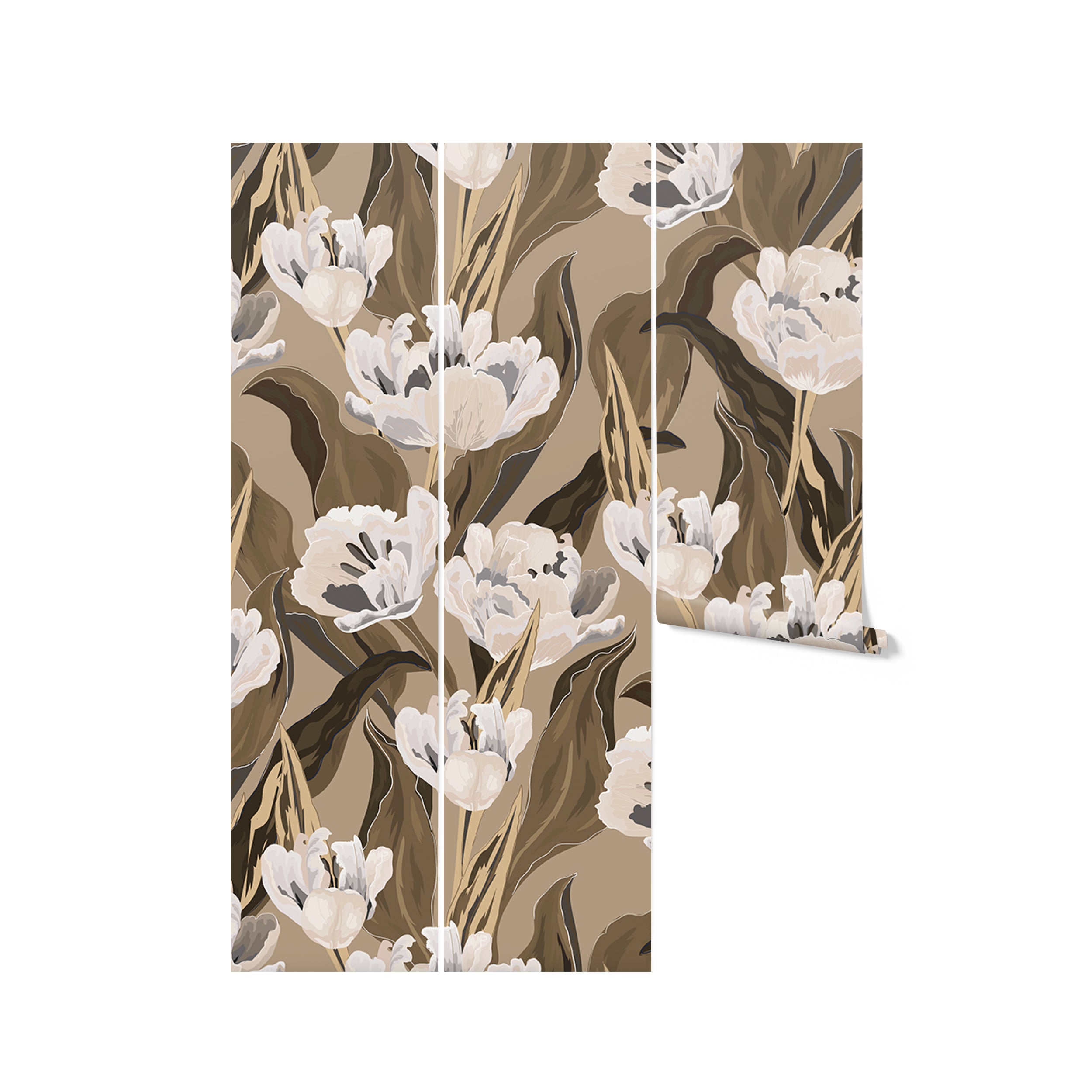 A rolled piece of Blooming Tulips Wallpaper, displaying the elegant floral pattern with white tulips and dark leaves on a taupe background. The image highlights the texture and color detail of the wallpaper, ready for installation in a stylish home setting.