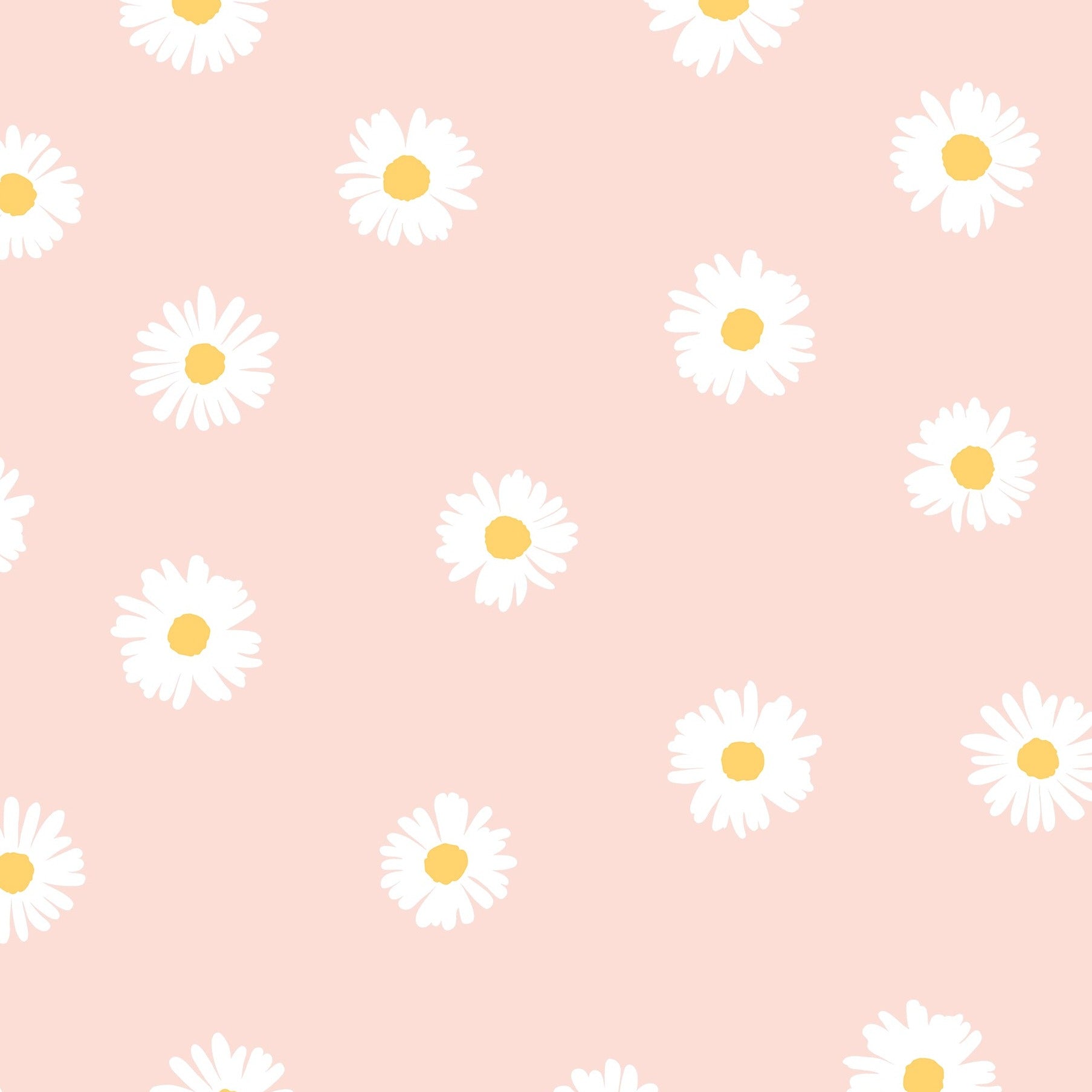 A close-up view of the Daisy Daze Wallpaper, showcasing its charming pattern of white daisies with yellow centers scattered across a light peach background. This vibrant and cheerful wallpaper pattern brings a playful yet subtle aesthetic to any room, ideal for spaces needing a touch of whimsy.