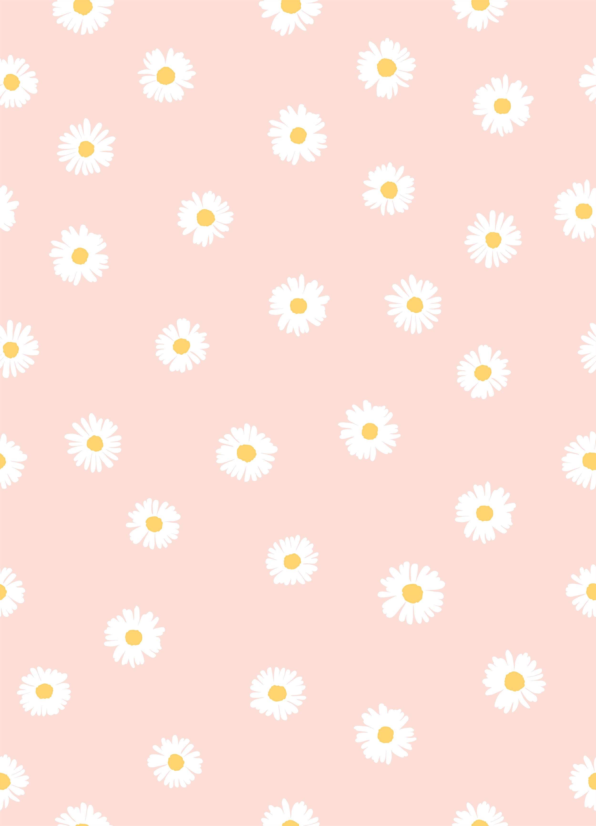 A close-up view of the Daisy Daze Wallpaper, showcasing its charming pattern of white daisies with yellow centers scattered across a light peach background. This vibrant and cheerful wallpaper pattern brings a playful yet subtle aesthetic to any room, ideal for spaces needing a touch of whimsy.
