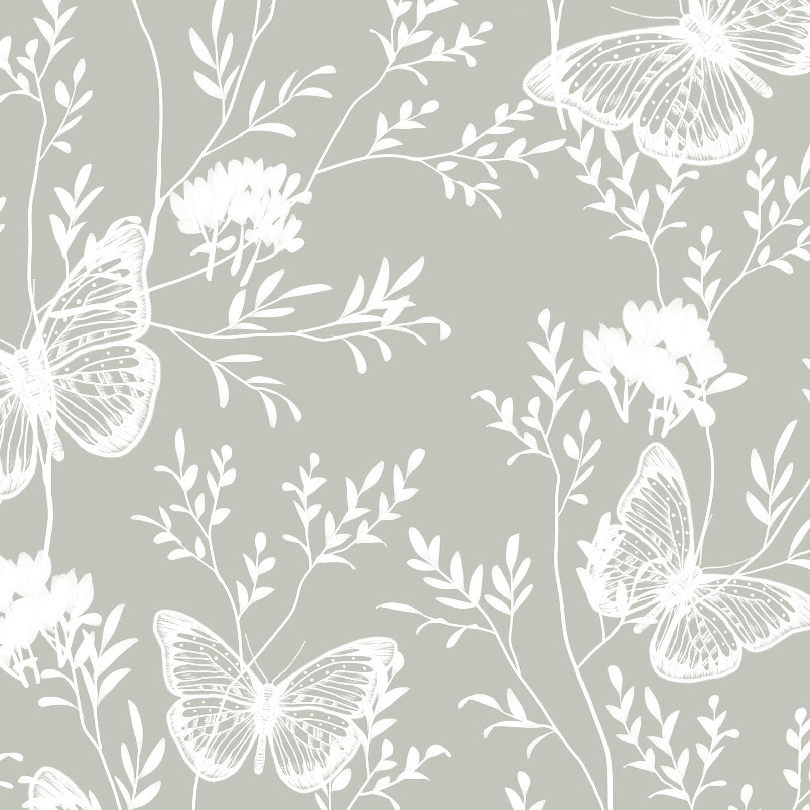 Close-up view of the Whimsical Wings Wallpaper-Olive, showcasing detailed white illustrations of butterflies and small flowers on a soft olive background, offering a gentle, nature-inspired aesthetic