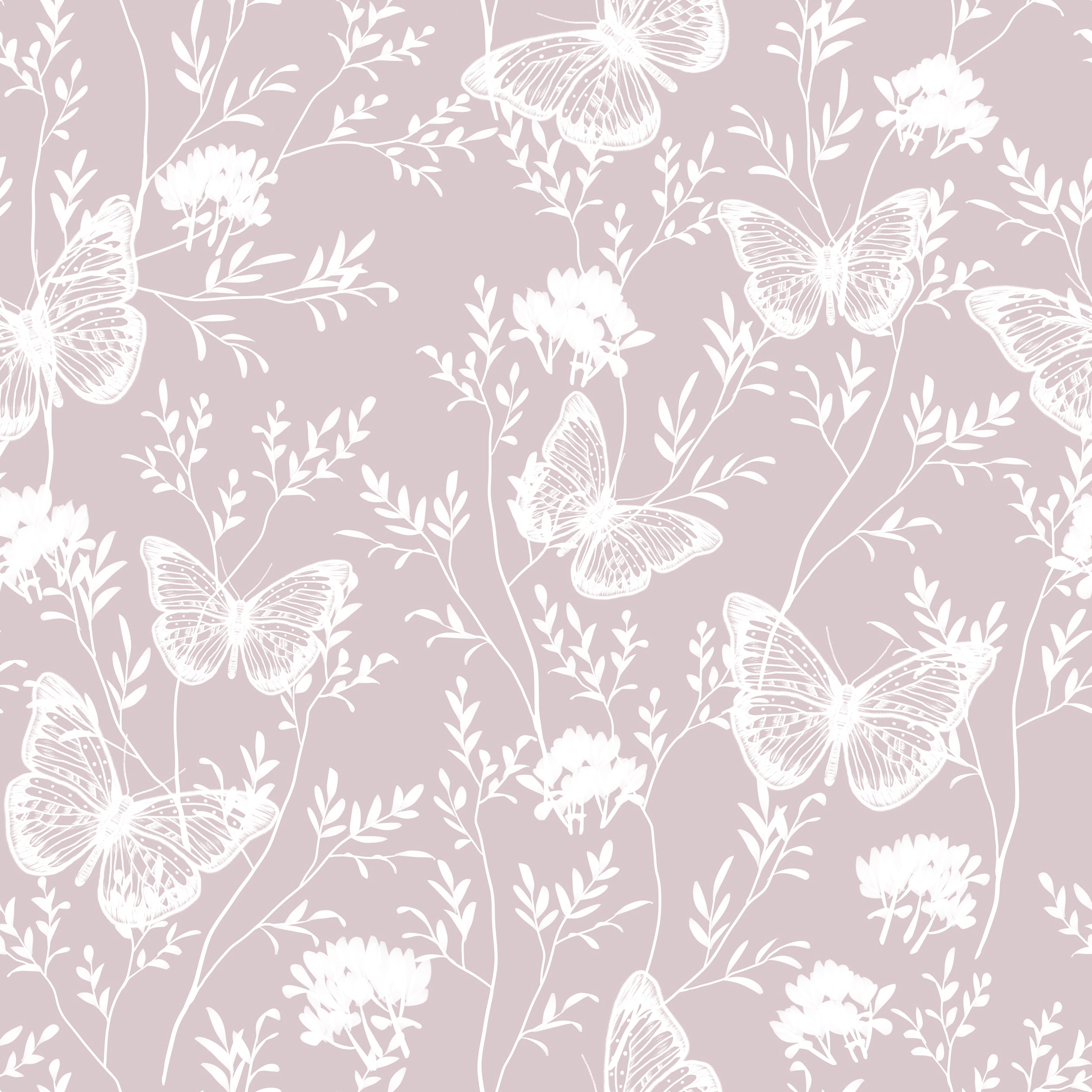 the "Whimsical Wings Wallpaper," partially unrolled to reveal the charming butterfly and floral pattern on a mauve-pink background. This image showcases the wallpaper's pattern continuity and the romantic, soft ambiance it's designed to create.