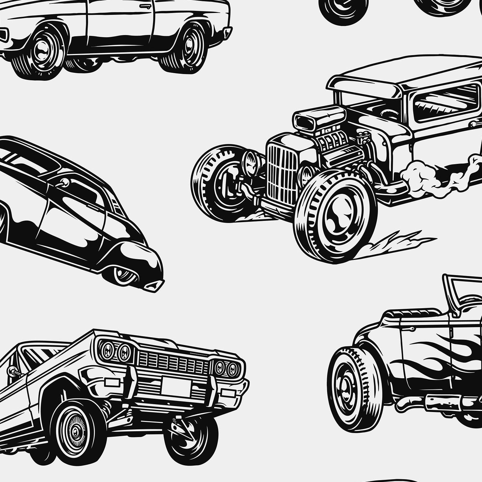 Detailed close-up of the Vintage Cars Wallpaper showing a range of classic cars illustrated in a dynamic and detailed style. Each car is meticulously drawn, capturing the essence of vintage automobile design, ideal for any car enthusiast's space.