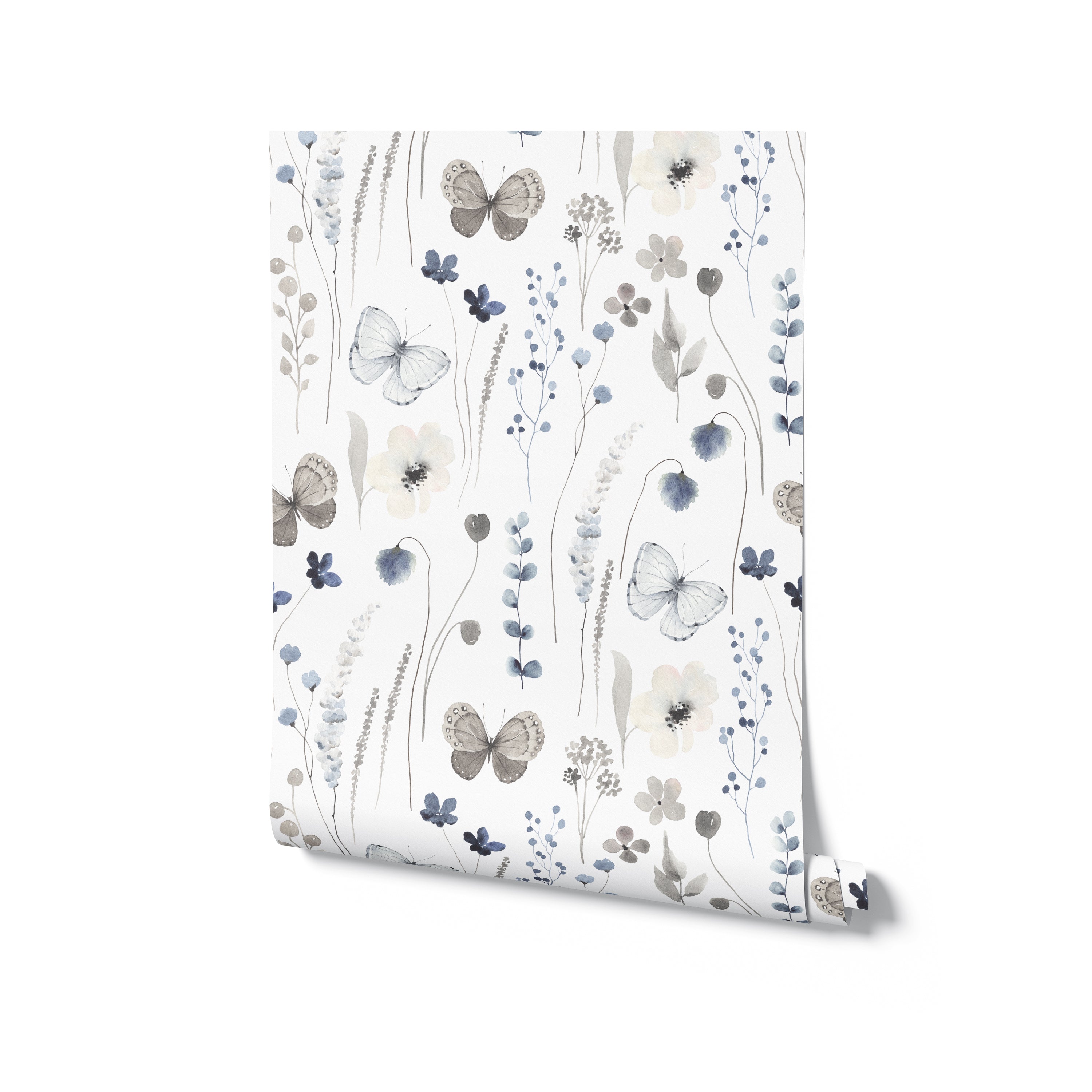 A rolled-up piece of Soft Flutter Wallpaper against a white background, showcasing the gentle botanical and butterfly design in watercolor blues and grays, ideal for creating a calming environment in home interiors.