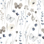 Close-up view of Soft Flutter Wallpaper showing its delicate watercolor design of butterflies and botanical elements in shades of blue and gray, perfect for adding a subtle, artistic touch to any space.
