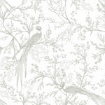 A close-up of the Oriental Garden Wallpaper highlighting its intricate botanical and bird design in soft gray on a white background. The detailed artwork showcases birds amidst delicate branches and foliage, evoking a serene and artistic atmosphere.