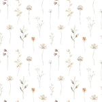 The 'Muted Floral Wallpaper' provides a graceful background with its pattern of hand-drawn flowers in muted tones, enhancing the visual interest and creating a space of quiet sophistication.