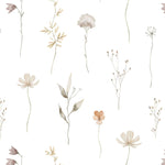 The 'Muted Floral Wallpaper' provides a graceful background with its pattern of hand-drawn flowers in muted tones, enhancing the visual interest and creating a space of quiet sophistication.