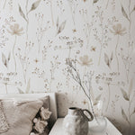 An elegant setting with Tranquil Bloom Wallpaper, where the intricate flower and leaf designs add a soothing and sophisticated touch to the decor, enhancing the room's overall ambiance of relaxation and comfort.