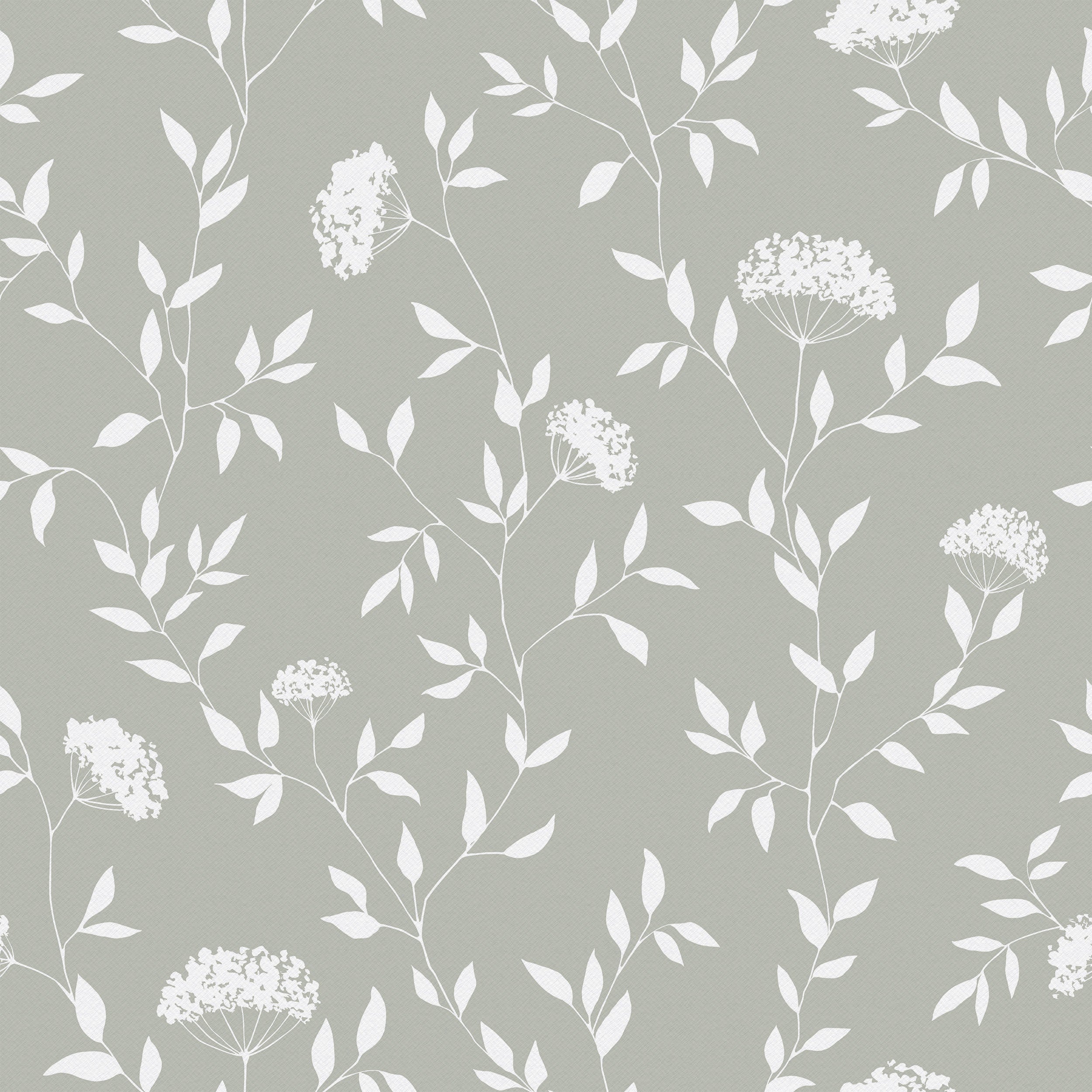 A close-up view of the Botanical Elegance Wallpaper-Olive, highlighting its design details. The wallpaper has a muted olive background with a matte finish, overlaid with white botanical illustrations. The design features slender branches interspersed with sparse leaves and occasional clusters of small, intricate flowers. This wallpaper adds a touch of nature-inspired sophistication to any room.