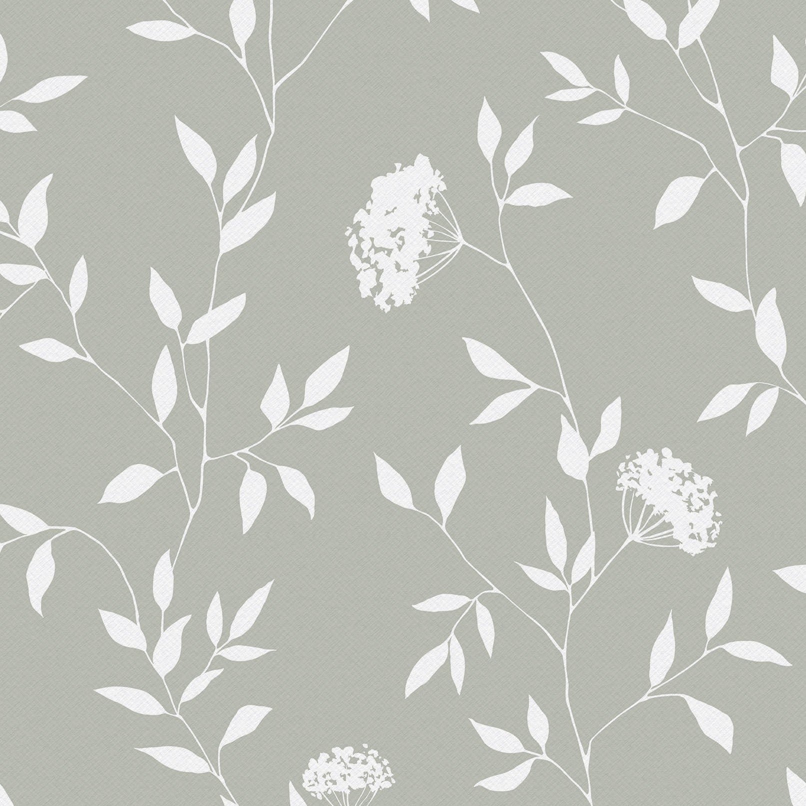 A close-up view of the Botanical Elegance Wallpaper-Olive, highlighting its design details. The wallpaper has a muted olive background with a matte finish, overlaid with white botanical illustrations. The design features slender branches interspersed with sparse leaves and occasional clusters of small, intricate flowers. This wallpaper adds a touch of nature-inspired sophistication to any room.
