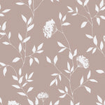 Close-up of a floral patterned wallpaper in soft taupe with white blossoming flowers and green leaves. The design brings a subtle elegance to any room, ideal for creating a calm and peaceful environment.