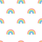 Close-up of the Chasing Rainbows wallpaper pattern with vibrant rainbow arcs against a clean white background, perfect for a cheerful and colorful interior.