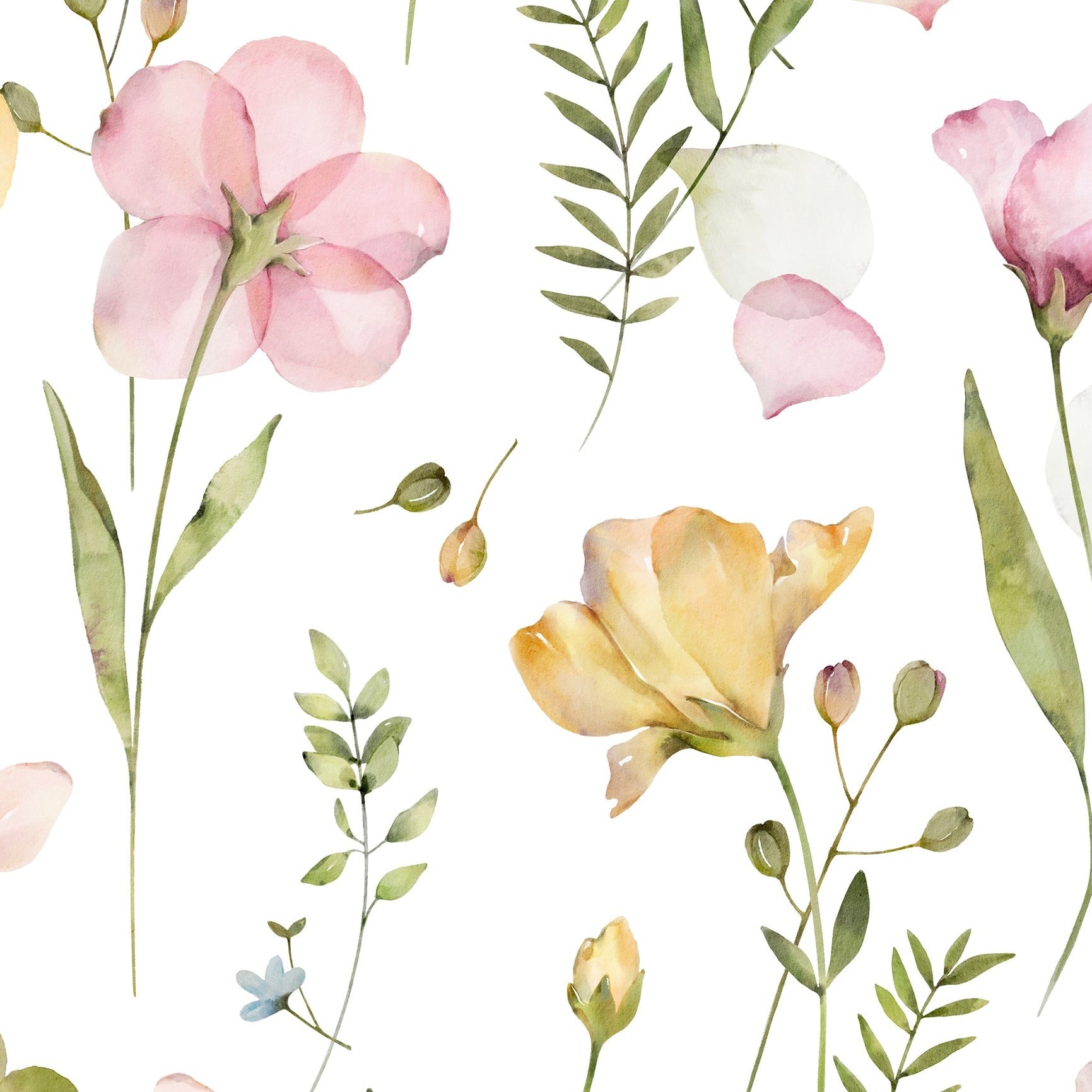 A close-up view of the Serene Floral Wallpaper showcasing its beautiful watercolor floral pattern with pink and yellow flowers intertwined with green foliage. The details of the petals and leaves are highlighted, conveying a fresh and tranquil vibe.