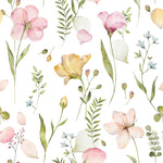 A close-up view of the Serene Floral Wallpaper showcasing its beautiful watercolor floral pattern with pink and yellow flowers intertwined with green foliage. The details of the petals and leaves are highlighted, conveying a fresh and tranquil vibe.