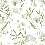 Detail of the 'Botanical Bliss Wallpaper' showcasing its delicate design of green leaves and white flowers with subtle green shading, all set against a clean white background. The watercolor effect gives the botanical elements a gentle and naturalistic appearance, perfect for creating a tranquil space.