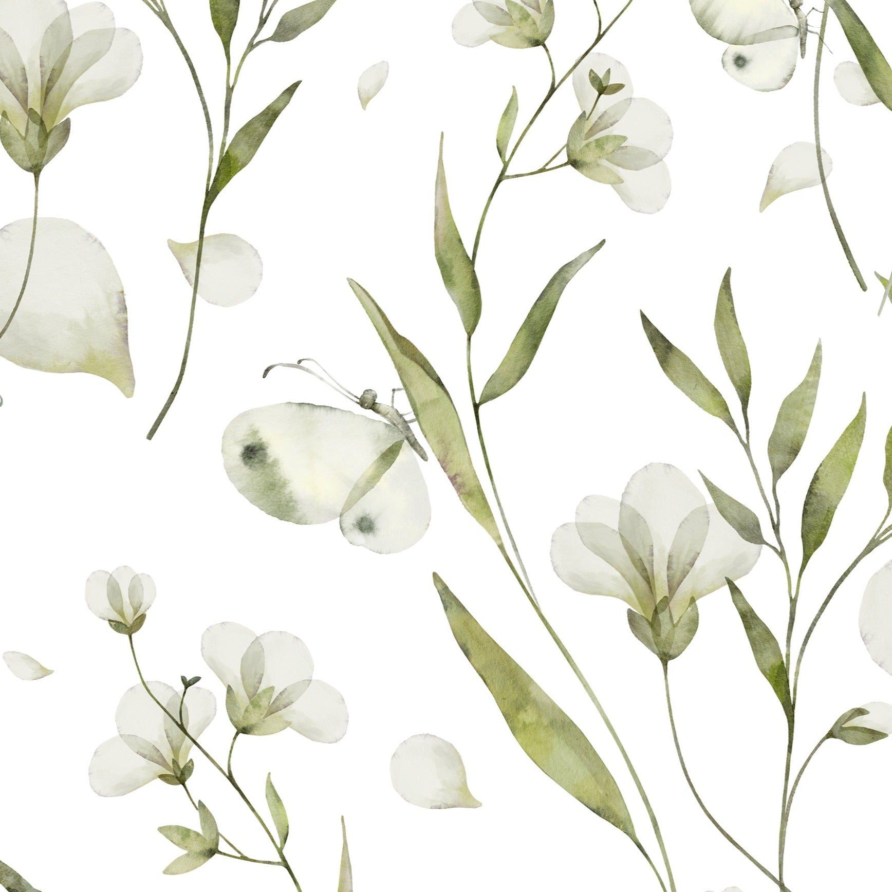 Detail of the 'Botanical Bliss Wallpaper' showcasing its delicate design of green leaves and white flowers with subtle green shading, all set against a clean white background. The watercolor effect gives the botanical elements a gentle and naturalistic appearance, perfect for creating a tranquil space.