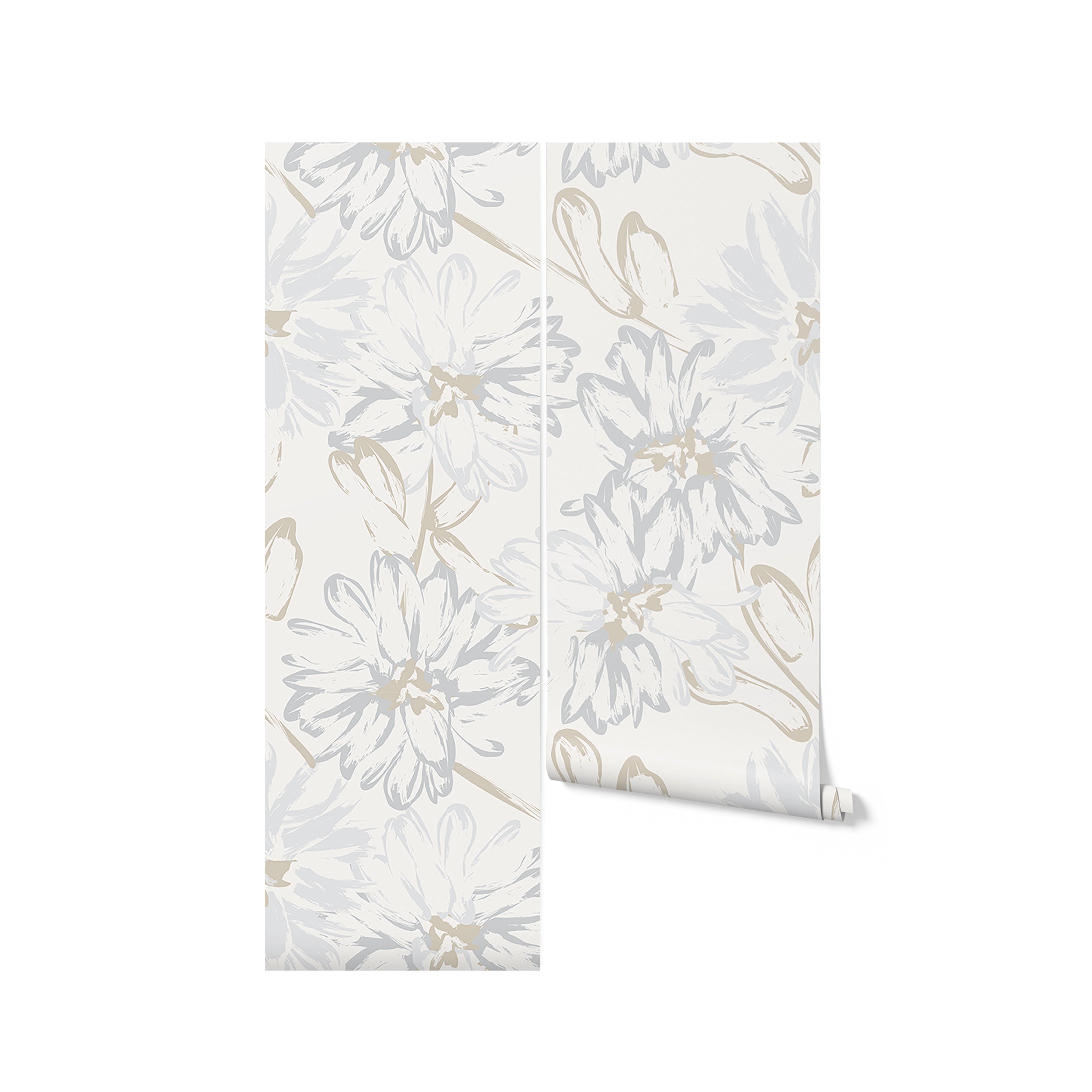 A roll of Modernist Meadows Wallpaper, partially unrolled to reveal the detailed floral design in gray and beige. The wallpaper's elegant pattern offers a fresh and contemporary look, ideal for transforming walls into stunning focal points in any room.