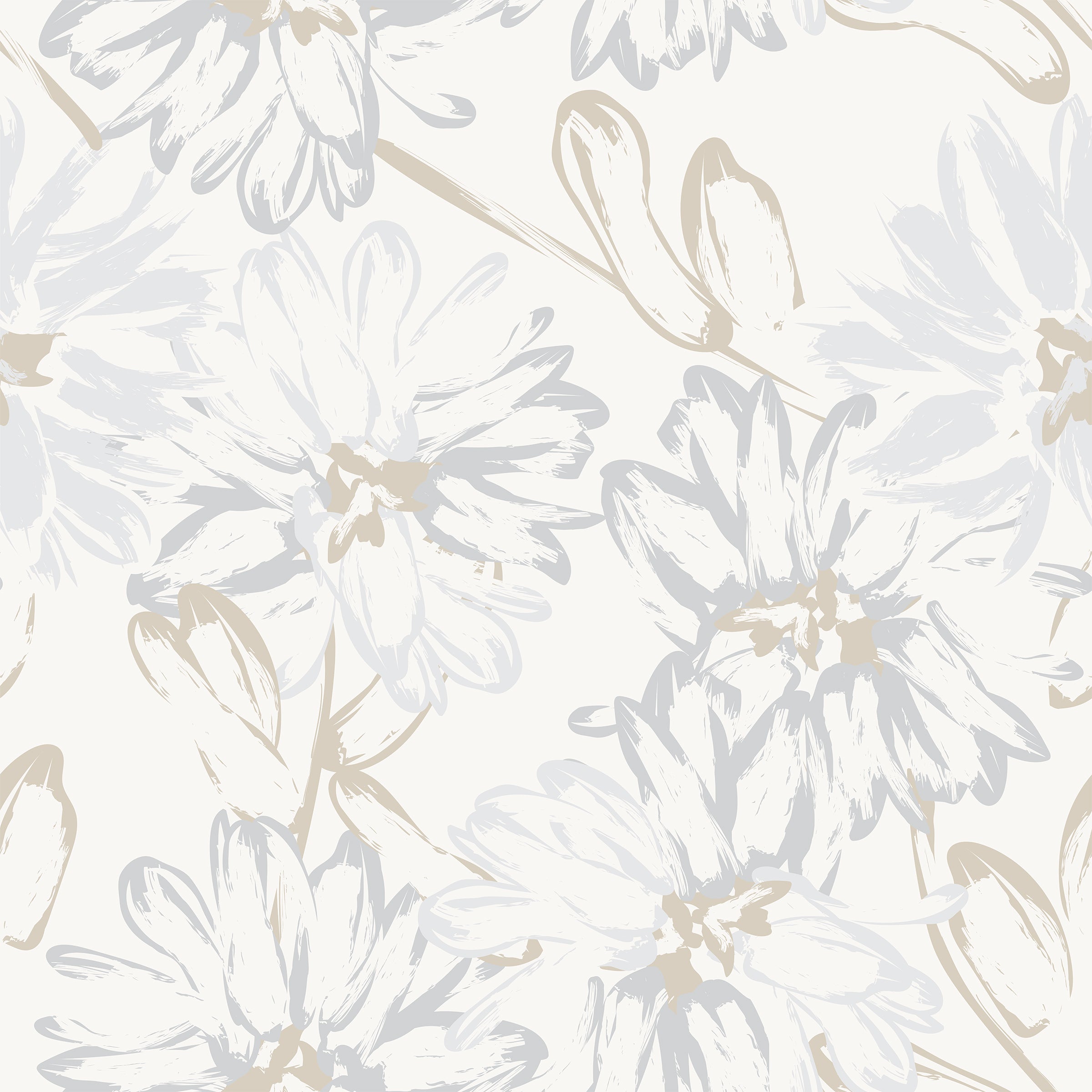 Close-up view of the Modernist Meadows Wallpaper, showcasing its elegant floral design with large flowers and sweeping leaves in muted gray and beige tones. The pattern exudes a modern yet timeless appeal, perfect for adding a sophisticated touch to any interior.