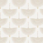 A detailed view of the "Flying Swans Wallpaper" showcasing the design up close. Each swan is intricately depicted with wide, spread wings in a soothing beige tone, accented with gold beaks, set against a light neutral background. This pattern brings a sophisticated and peaceful charm to any space.