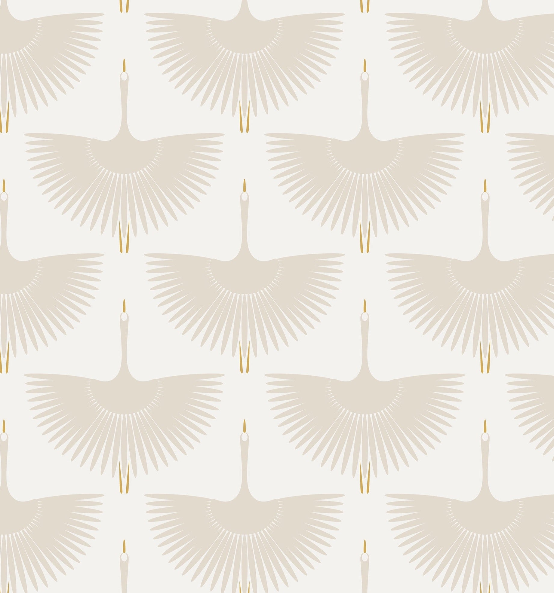 A detailed view of the "Flying Swans Wallpaper" showcasing the design up close. Each swan is intricately depicted with wide, spread wings in a soothing beige tone, accented with gold beaks, set against a light neutral background. This pattern brings a sophisticated and peaceful charm to any space.