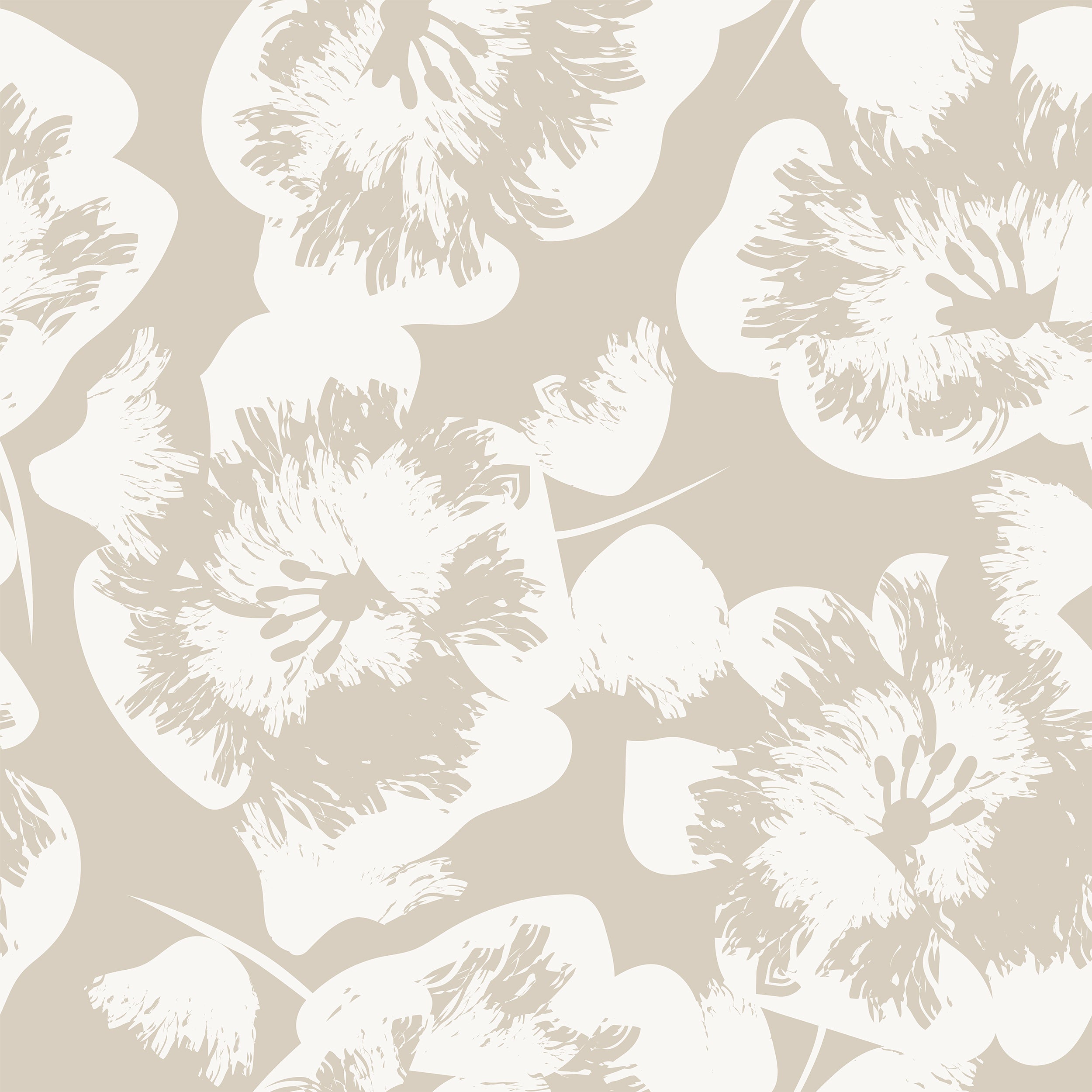 A close-up of the Stamped Floral Wallpaper illustrating the texture and detail of the beige floral design. The pattern offers a hand-stamped look that gives the room a bespoke, artisanal charm