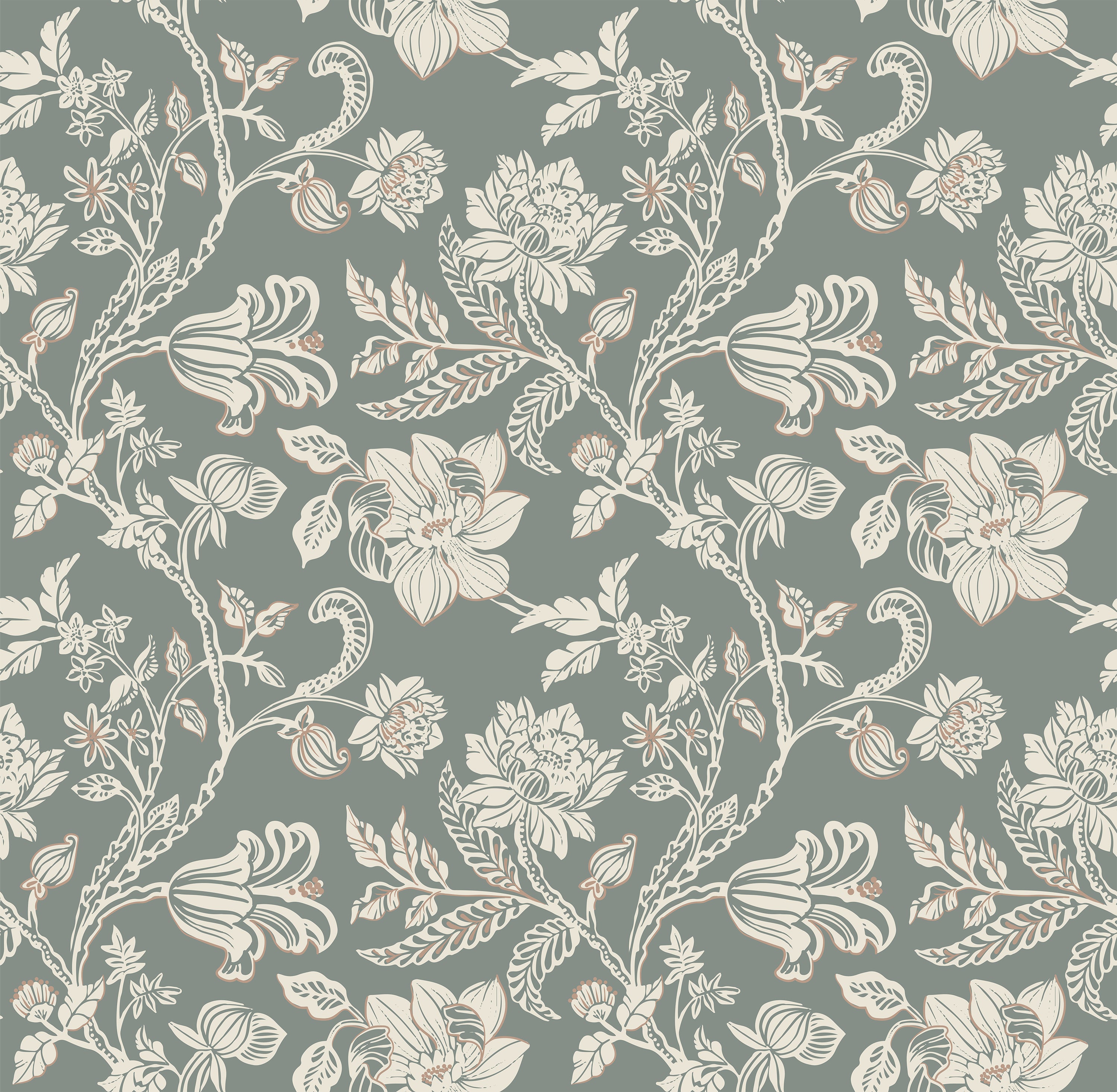 A close-up view of the Ornate Trellis Wallpaper displaying an intricate design with detailed flowers and foliage intertwined in a trellis pattern, set against a rich teal background. The pattern features subtle white and grey tones, adding depth and elegance.