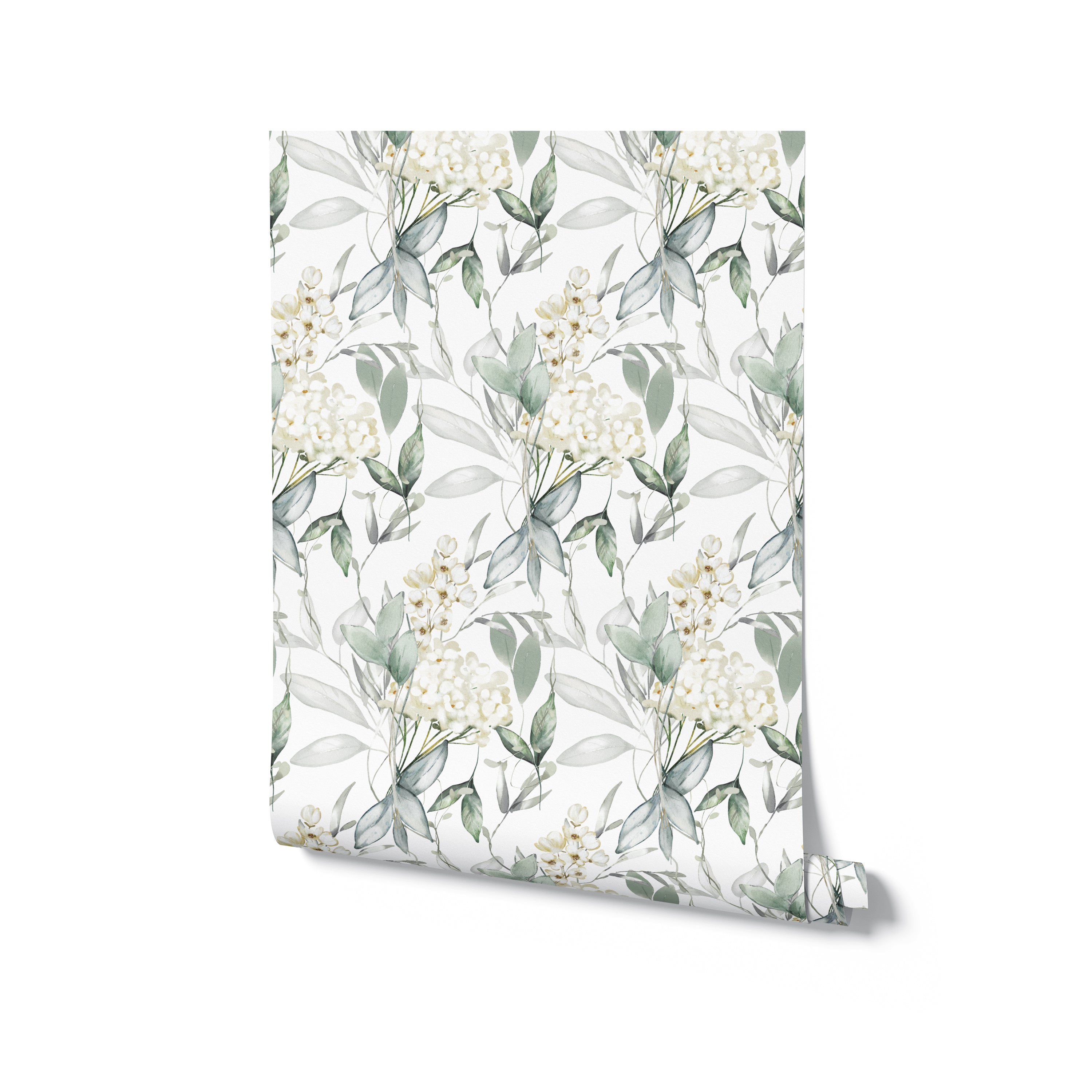 A roll of Heavenly Hydrangea wallpaper unrolled slightly to show the pattern. The wallpaper features an elegant design of white hydrangea flowers and soft green leaves, ideal for adding a touch of nature-inspired beauty to any space