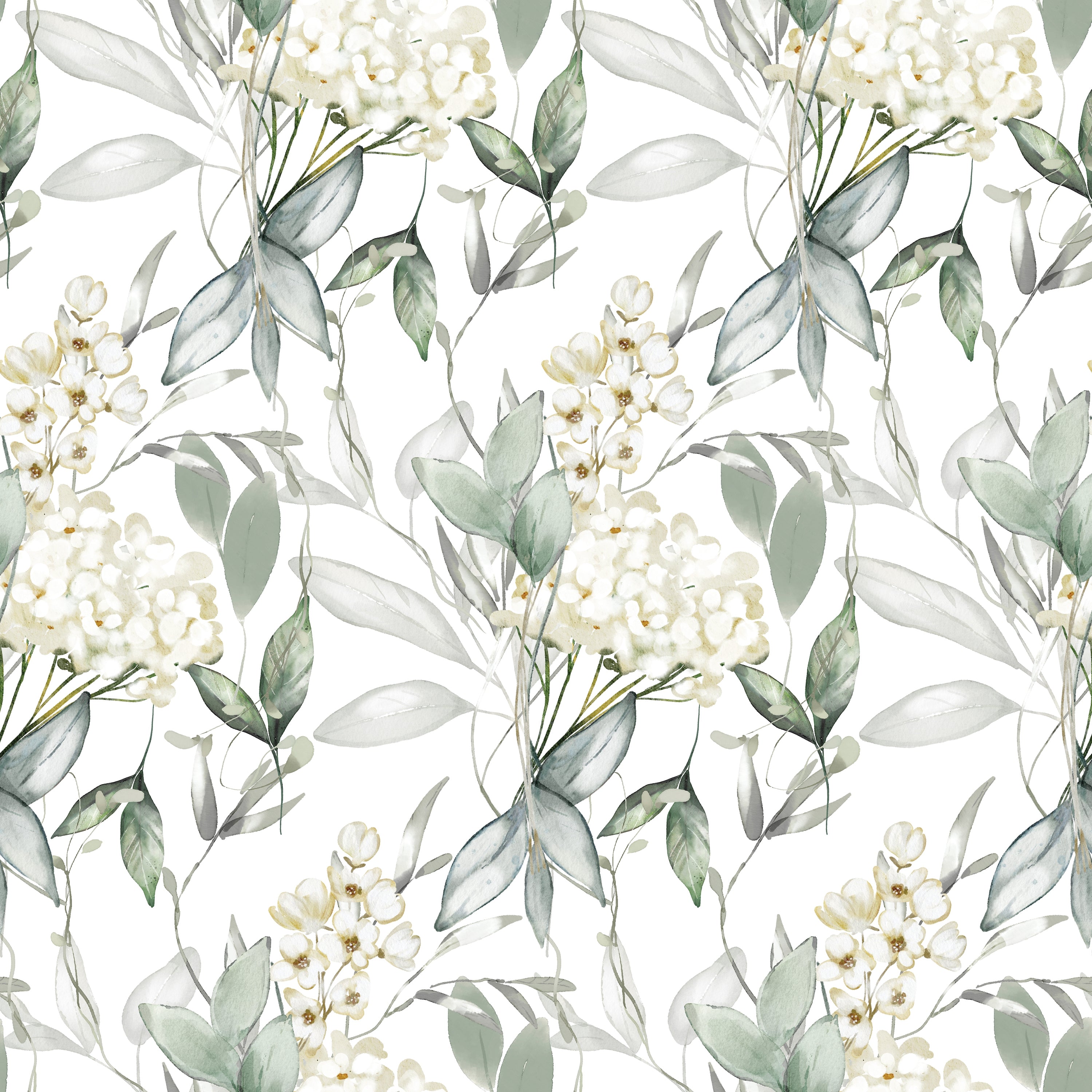 Close-up of the Heavenly Hydrangea wallpaper pattern. The design features detailed white hydrangea flowers interspersed with soft green and gray leaves, creating a fresh and serene floral motif