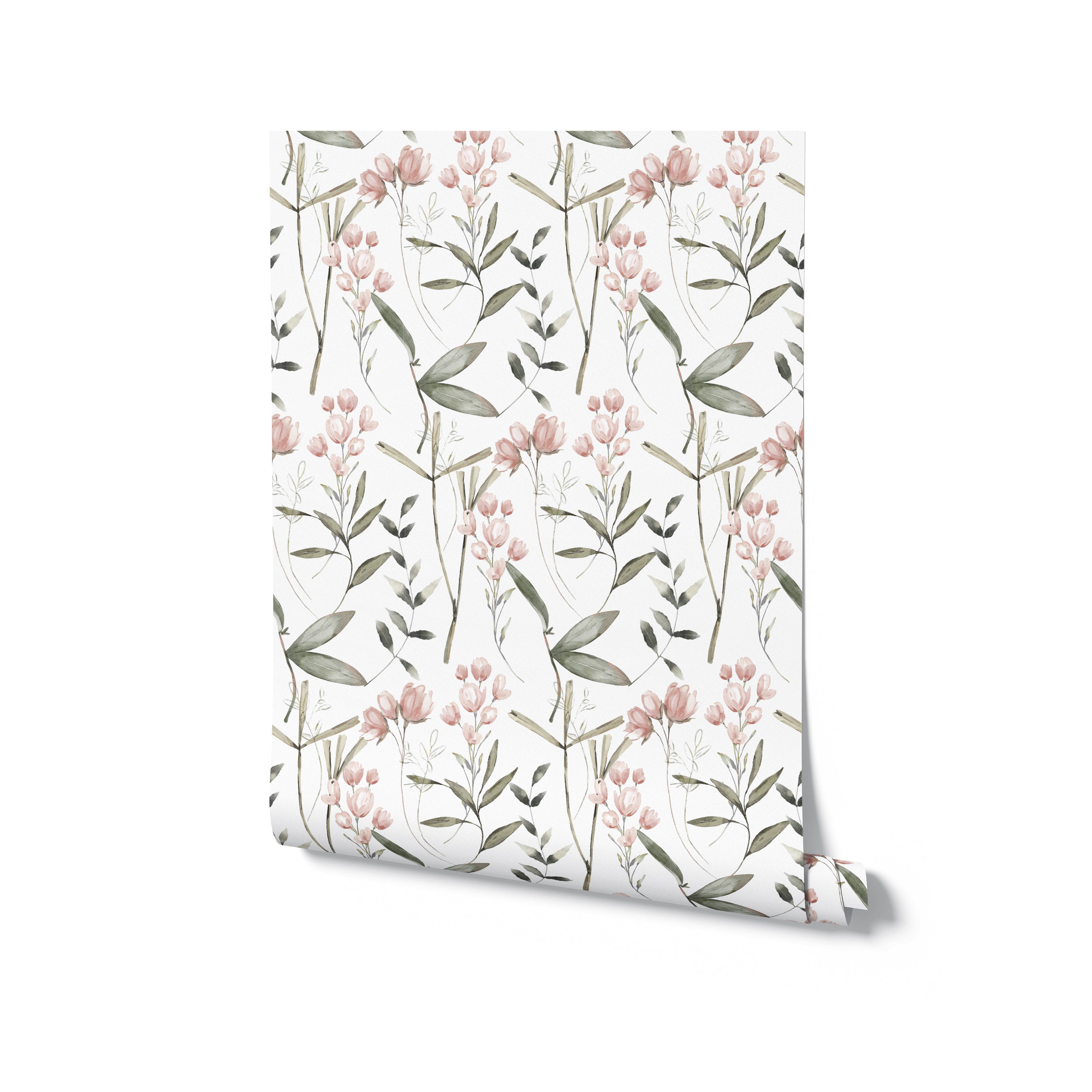 A roll of Springtime Sonata Wallpaper partially unrolled to display its beautiful floral pattern of pink tulips and green leaves on a white background. This wallpaper roll exemplifies elegance and the beauty of spring, ideal for adding a touch of nature-inspired decor to any room.
