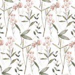 Close-up view of the Springtime Sonata Wallpaper, showcasing its intricate design of pale pink tulips and dark green foliage. The detailed botanical pattern is set against a crisp white backdrop, offering a fresh and vibrant look that is perfect for modern home decor